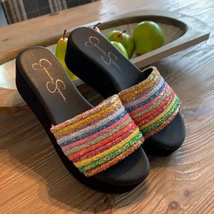 Jessica Simpson rainbow wedge slide